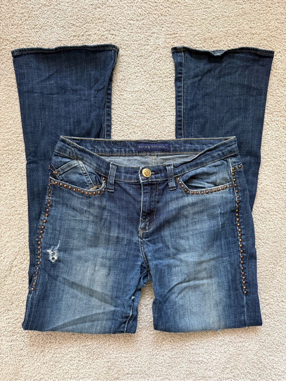 Rock & Republic Blue Boot Cut Jeans with Studded Trim